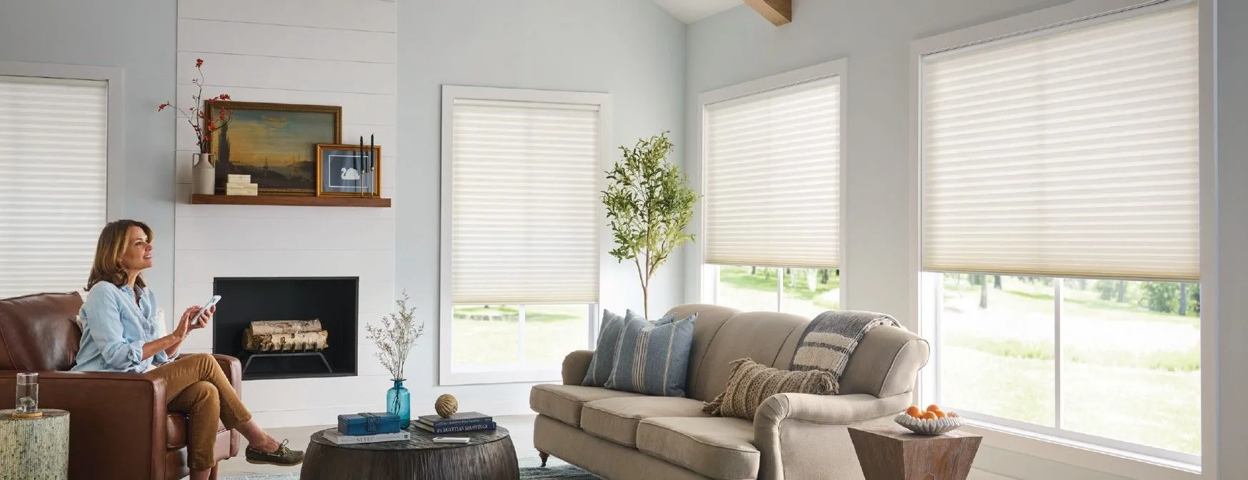 Alta Honeycomb Shades Livingroom Remote Control Motorized Woman Model Fashioninteriors