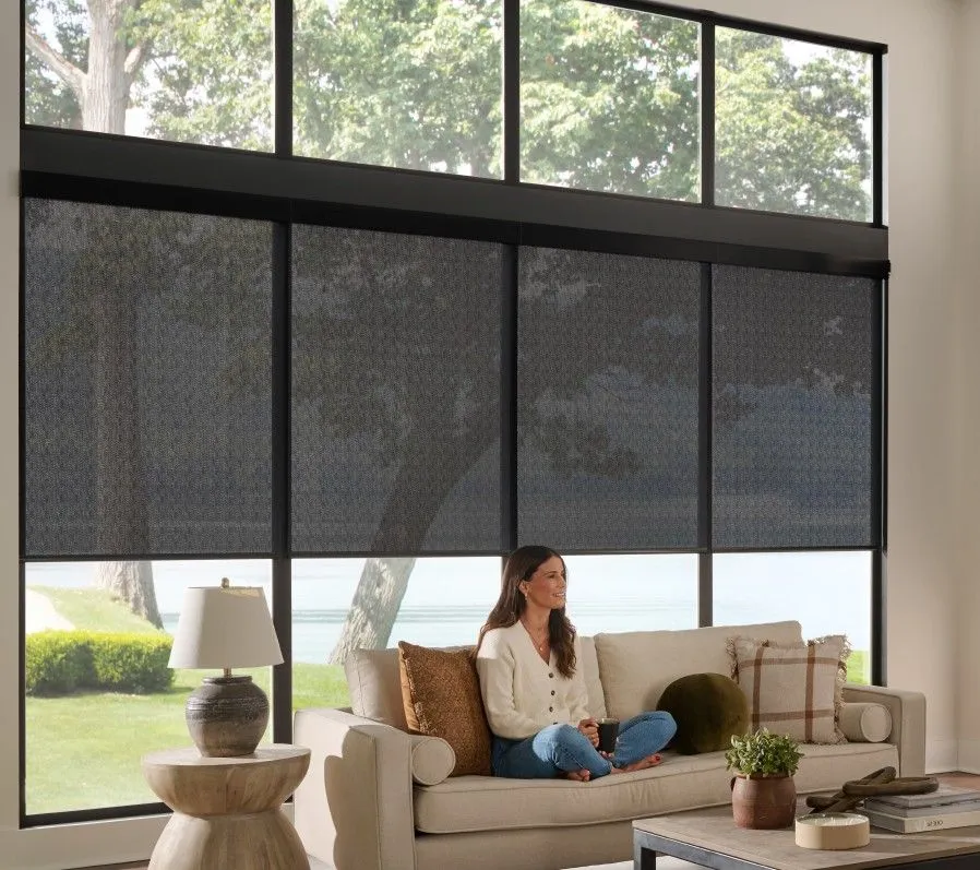 Alta Roller Shades Living Room Dark Model Woman Beach Fashioninteriors