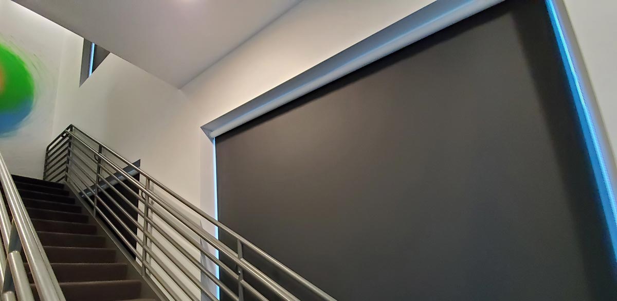 Designer Rollershades Modern Staircase Commercial Opaqueblack Roomdarkening Insidemount Fashioninteriors 2021