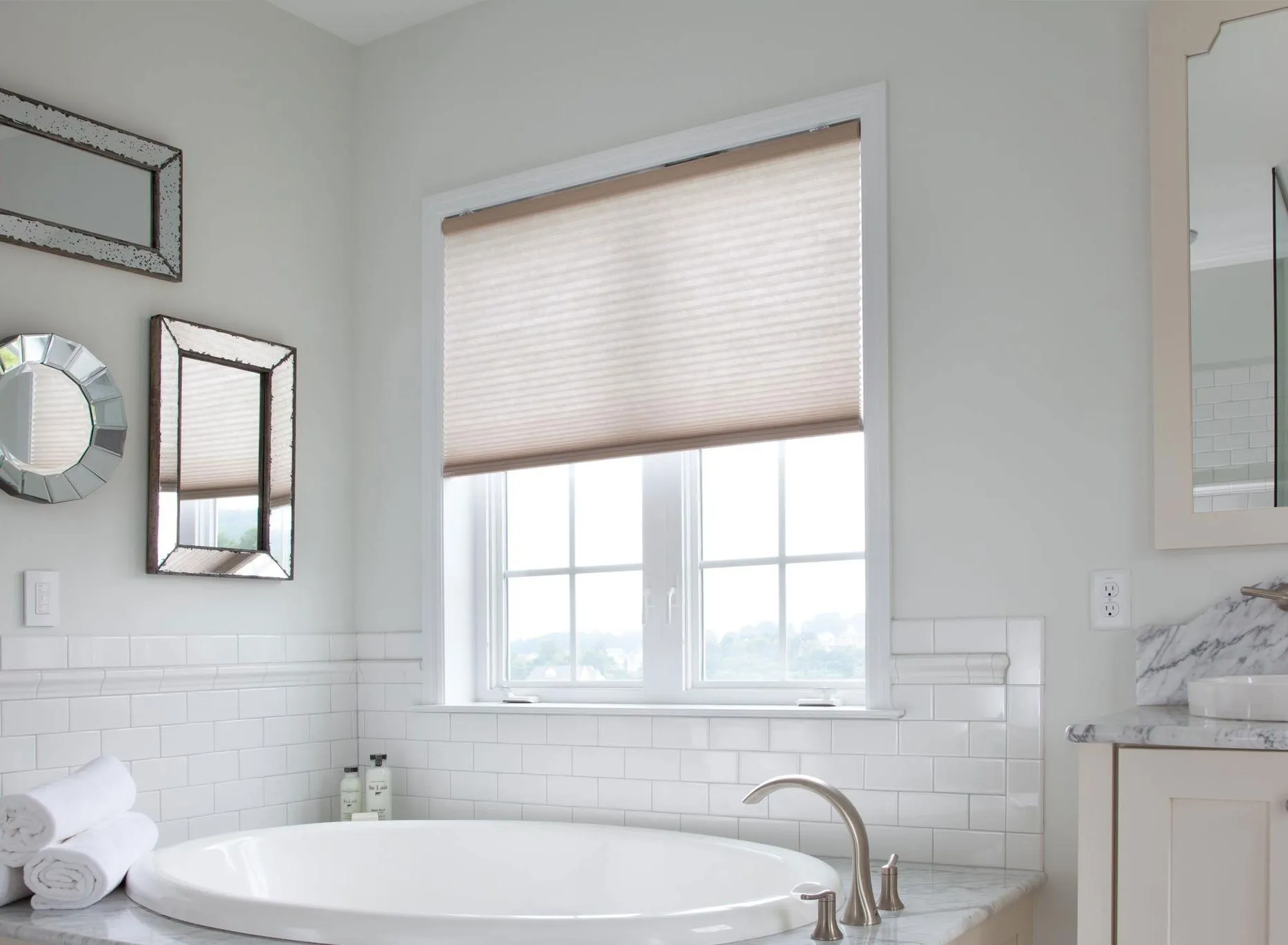 Lutron Serena Honeycomb Shades Beige Bathroom Fashioninteriors