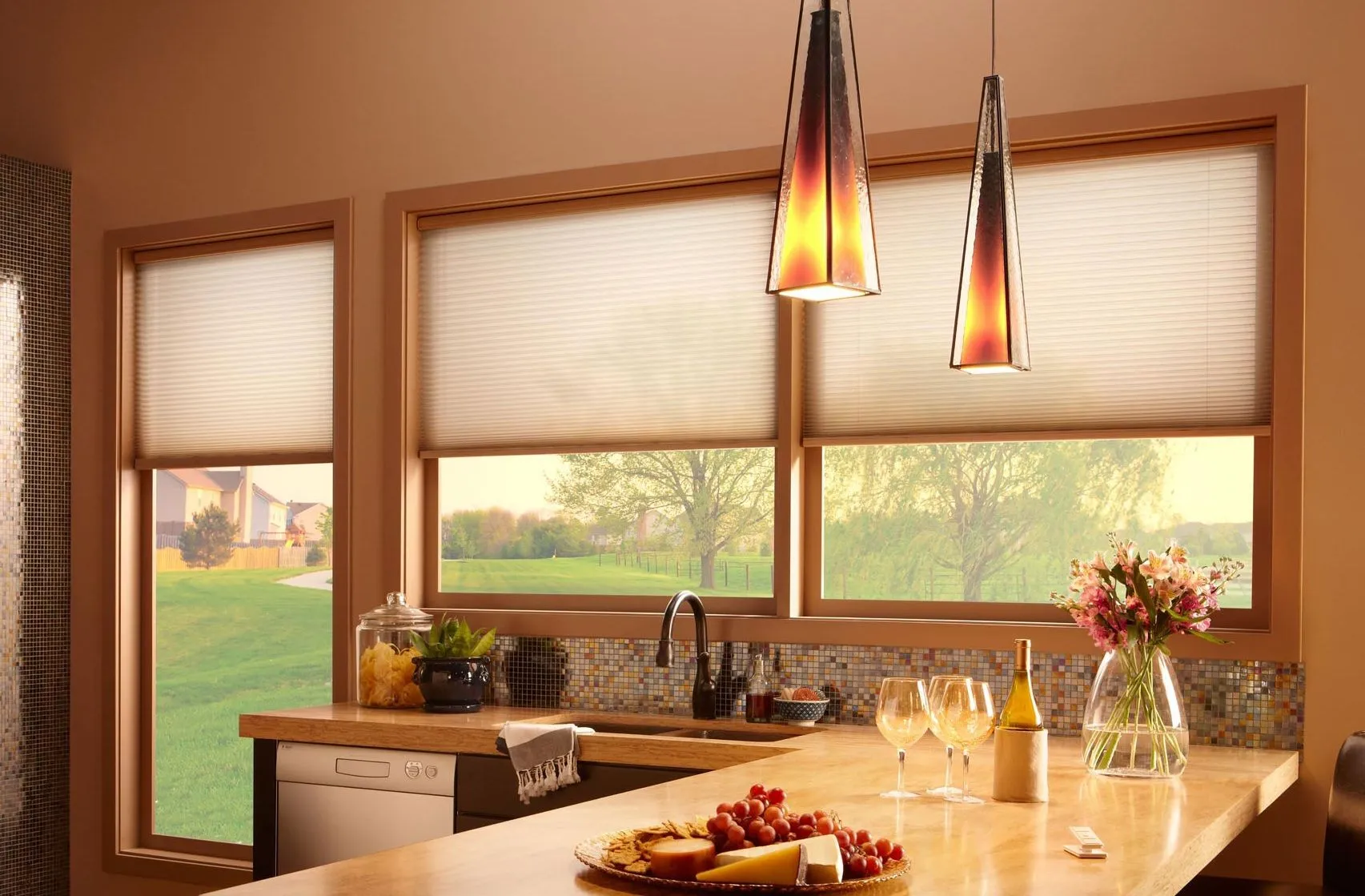 Lutron Serena Honeycomb Shades Beige Kitchen Fashioninteriors