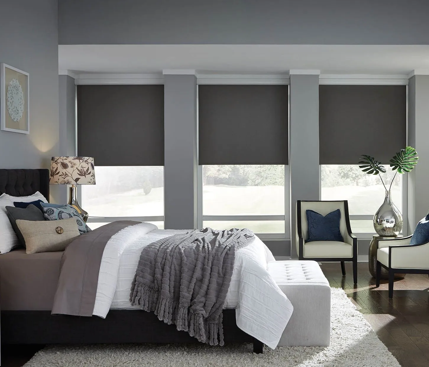 Lutron Sivoia Qs Rollershade Fashioninteriors Gray Fabric Covered Cassette Blackout Bedroom