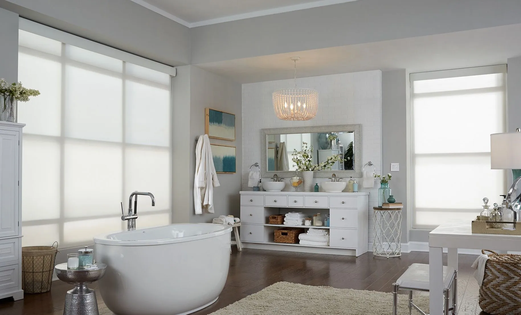 Lutron Sivoia Qs Rollershade Fashioninteriors Sheer White Bathroom