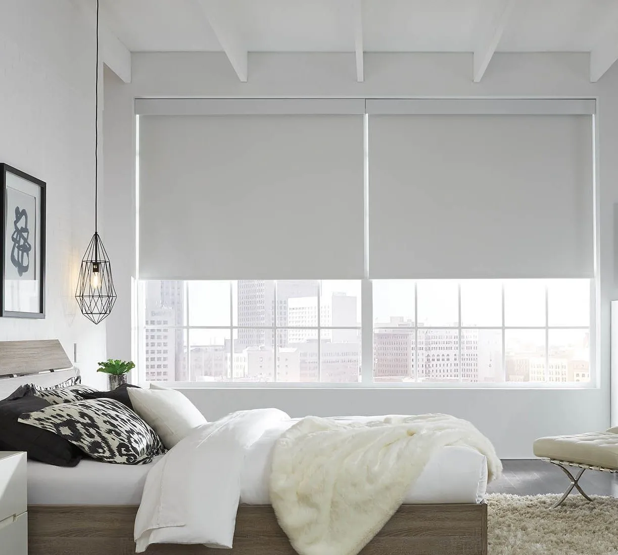 Lutron Sivoia Qs Rollershade Fashioninteriors White Blackout Dimout Architectural Fascia Bedroom