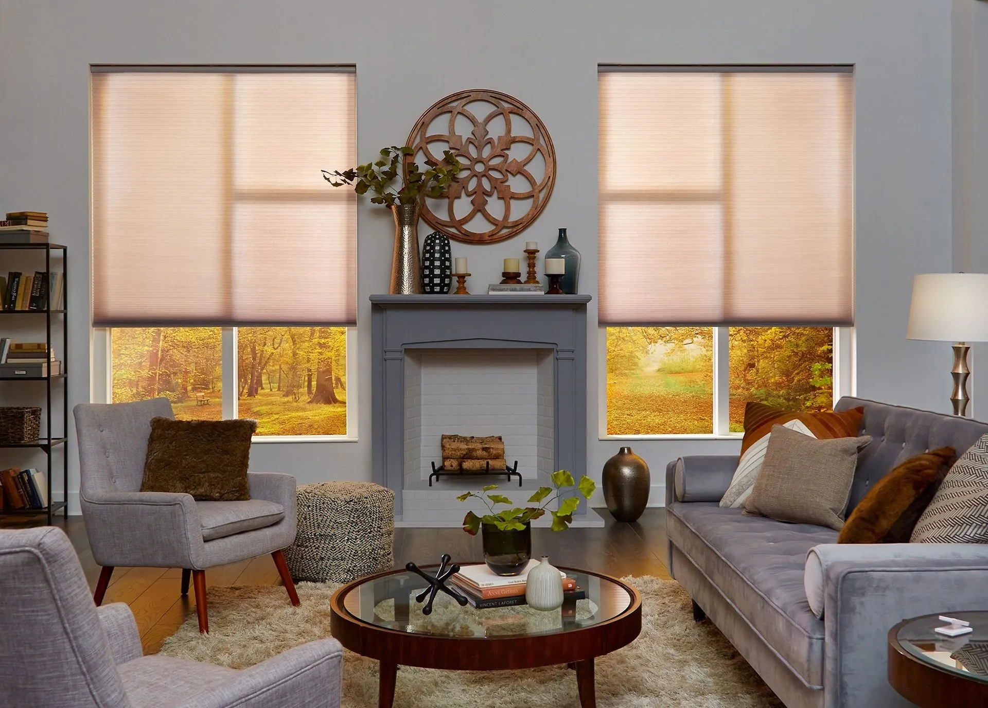 Lutron Sivoia Qs Triathlon Battery Honeycomb Shades Beige Livingroom Fashioninteriors