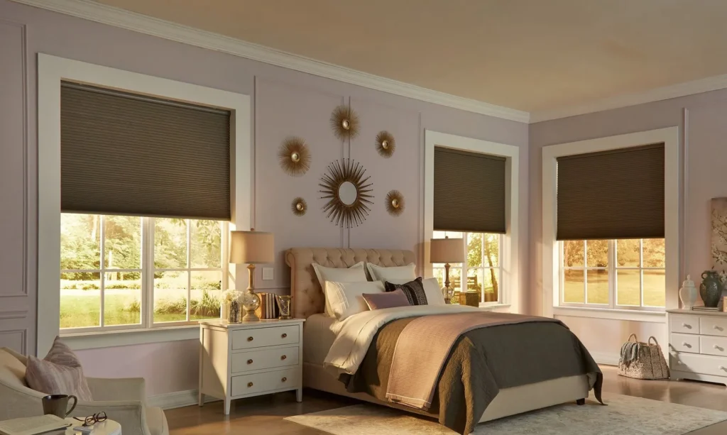 Lutron Sivoia Qs Triathlon Battery Honeycomb Shades Brown Bedroom Fashioninteriors