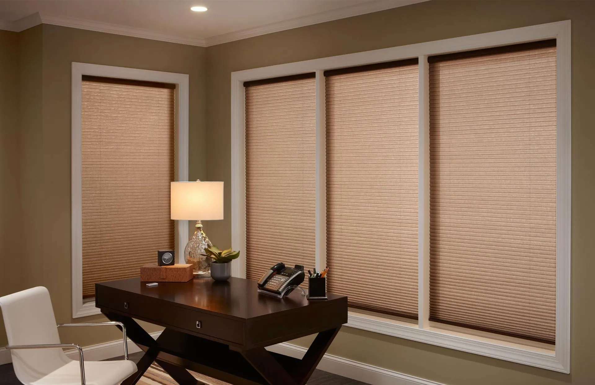 Lutron Sivoia Qs Triathlon Battery Honeycomb Shades Brown Office Fashioninteriors