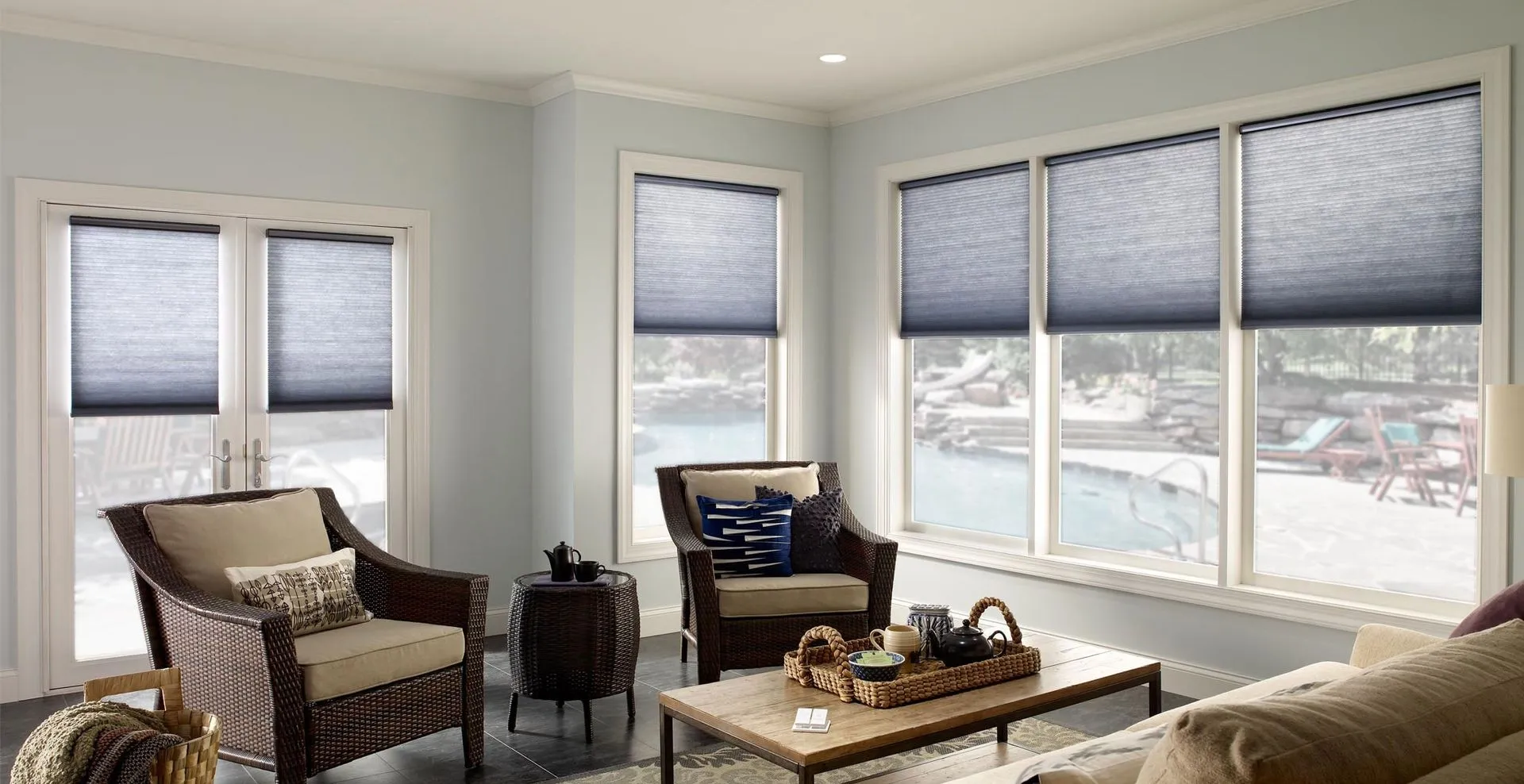 Lutron Sivoia Qs Triathlon Battery Honeycomb Shades Gray Livingroom Fashioninteriors