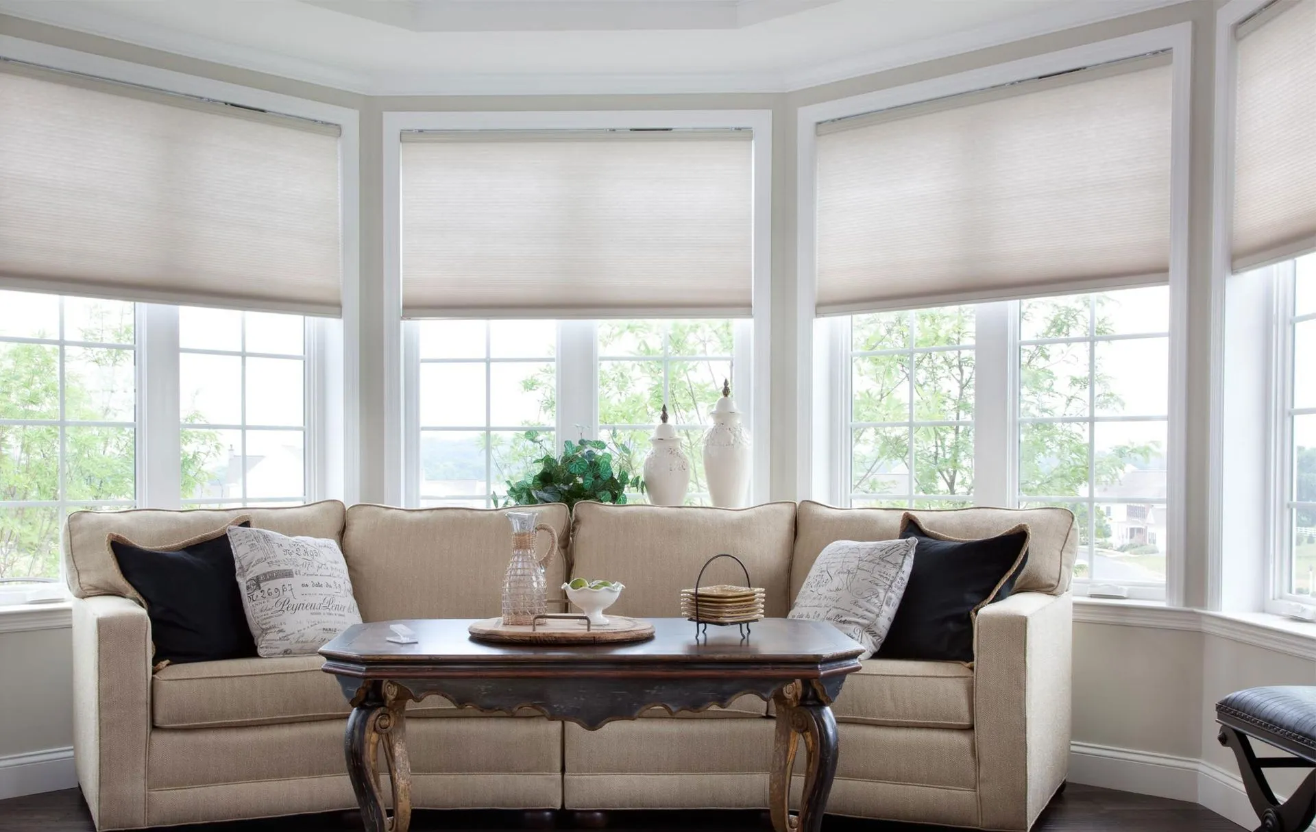Lutron Sivoia Qs Triathlon Battery Honeycomb Shades White Couch Livingroom Fashioninteriors
