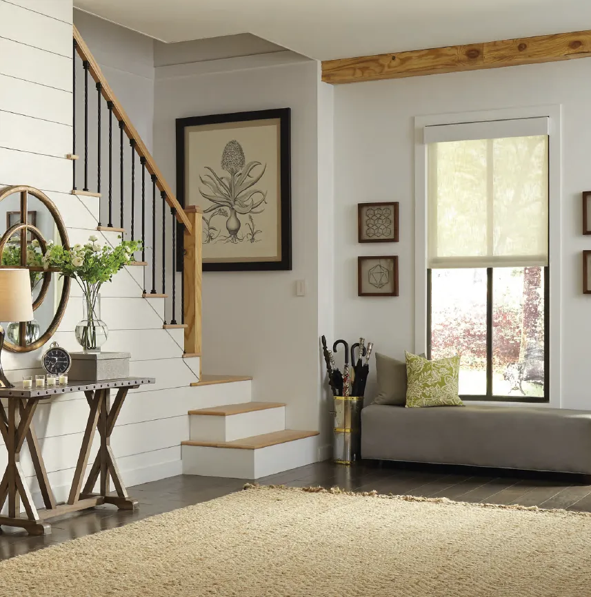 Lutron Sivoia Qs Triathlon Rollershades White Entry Staircase Modern Farmhouse Fashioninteriors