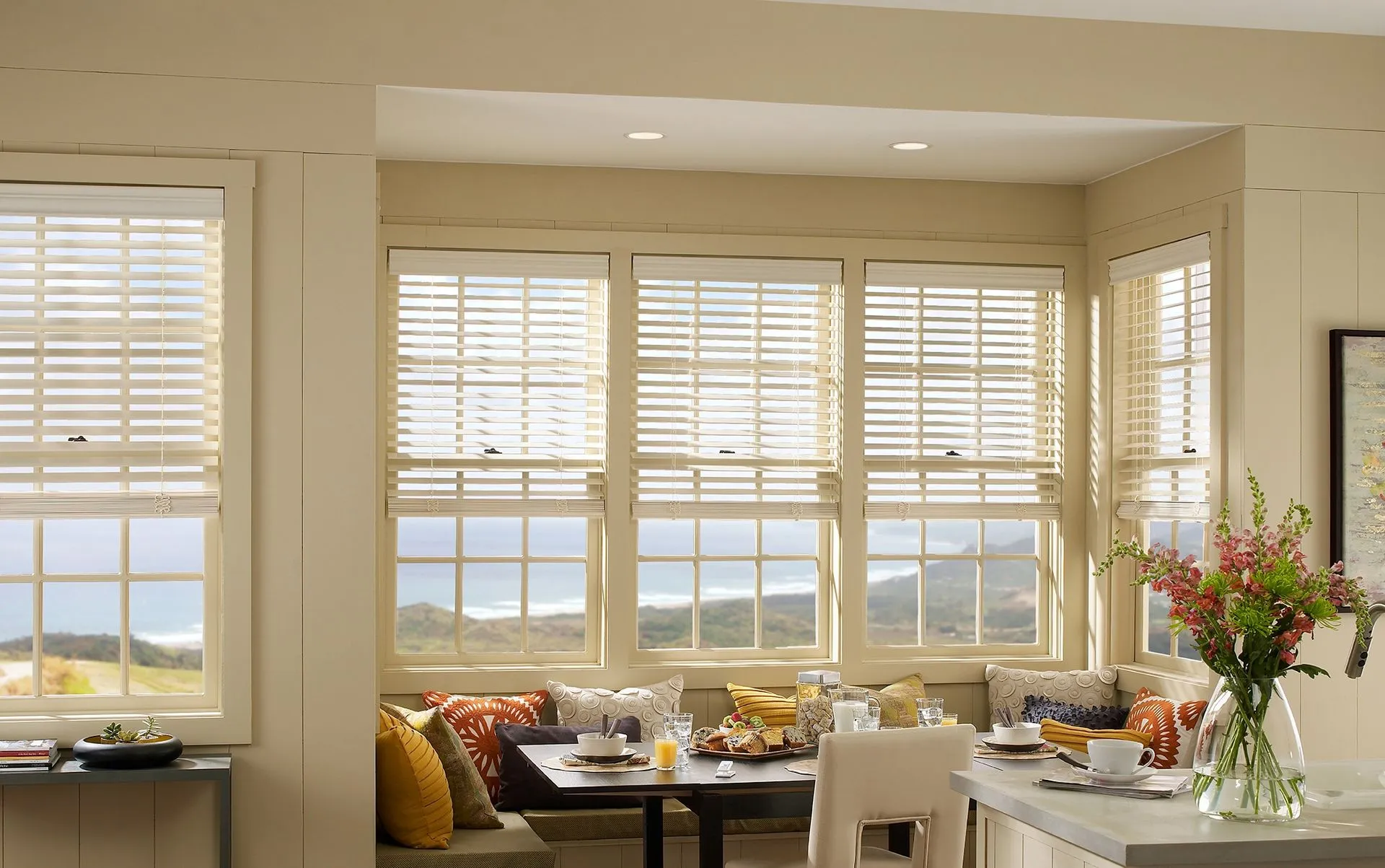 Lutron Sivoia Qs Wired Wood Blinds White Kitchen Buffet Diningroom Fashioninteriors
