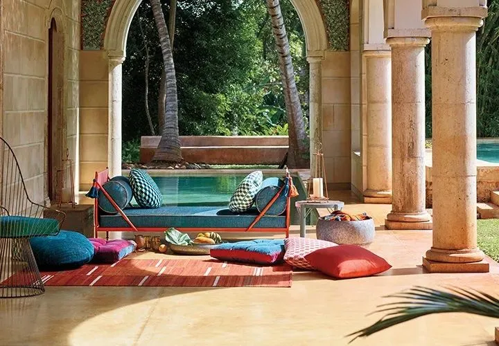 Custom Outdoor Colorful Boho Cushions Covers Chair Bench Modern Patio Pool Sunbrella Dealer Fashioninteriors
