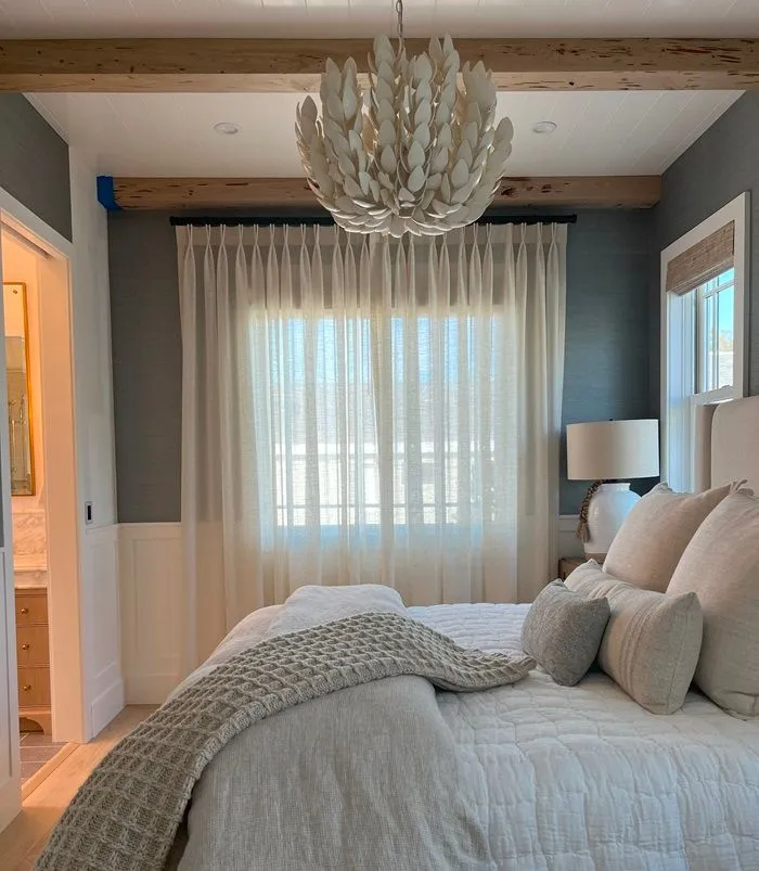 Custom Sheer Drapery Beach Beams Bedding Bedroom Whitewash Fashioninteriors 2024