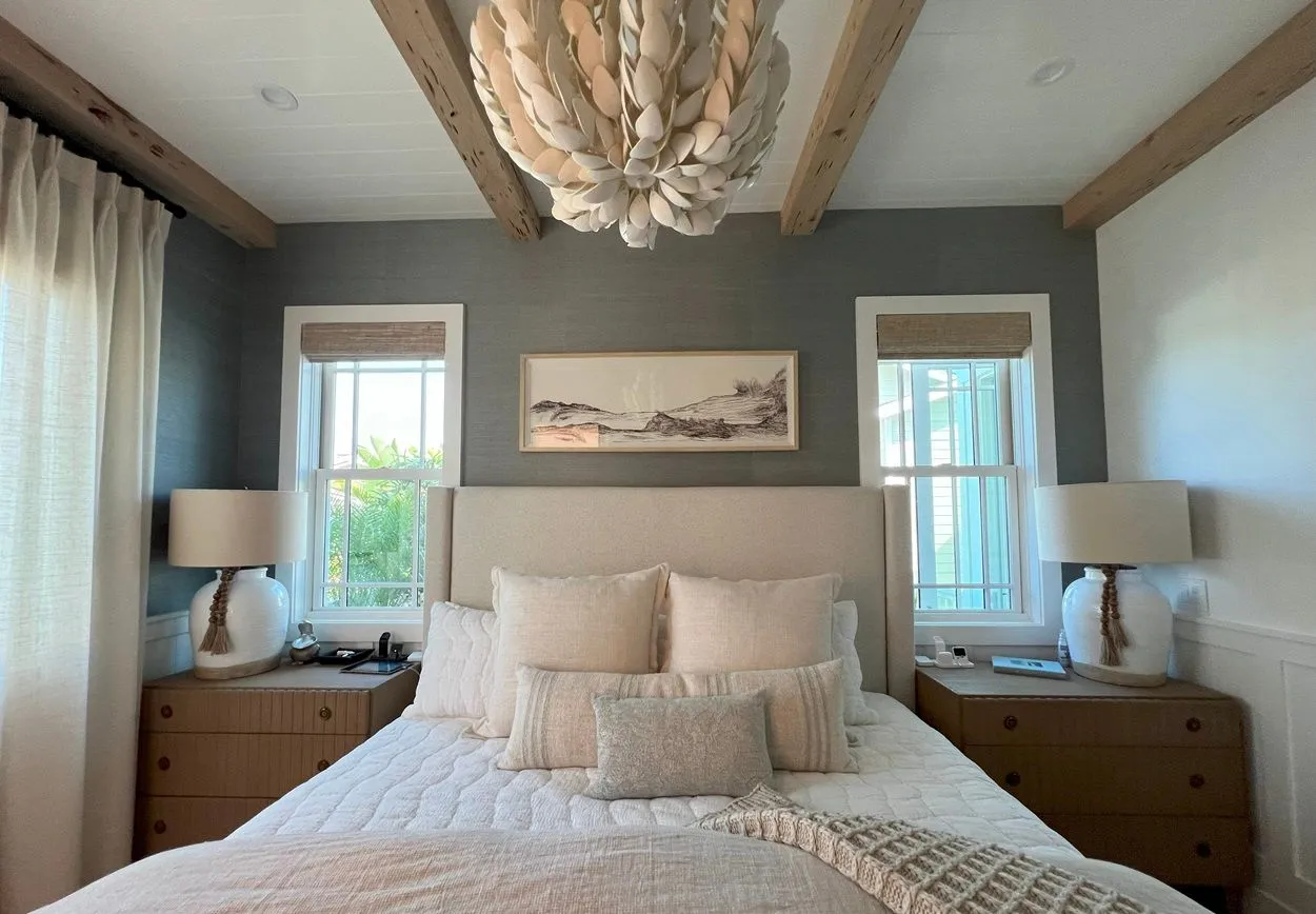 Custom Sheer Drapery Beach Beams Bedding Rollershades Bedroom Whitewash Fashioninteriors 2024