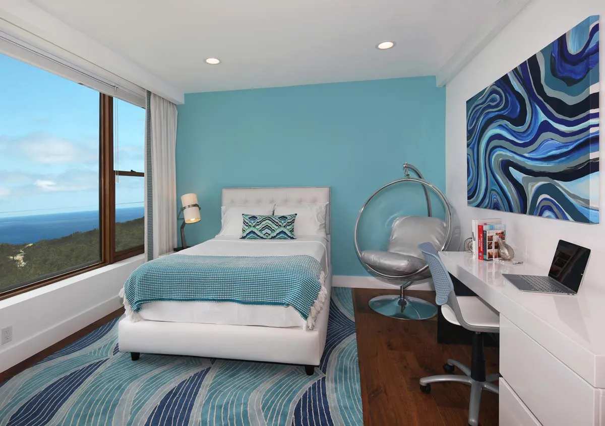 Drapery Banding Modern Bedroom Aqua Blue Coastal Beachview 2019
