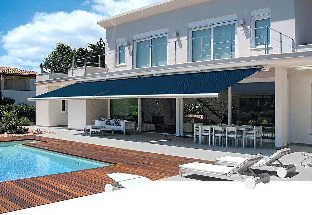 Durasol Retractable Awning Blue Dark Sleek Thin Modern Contemporary Poolview 2018