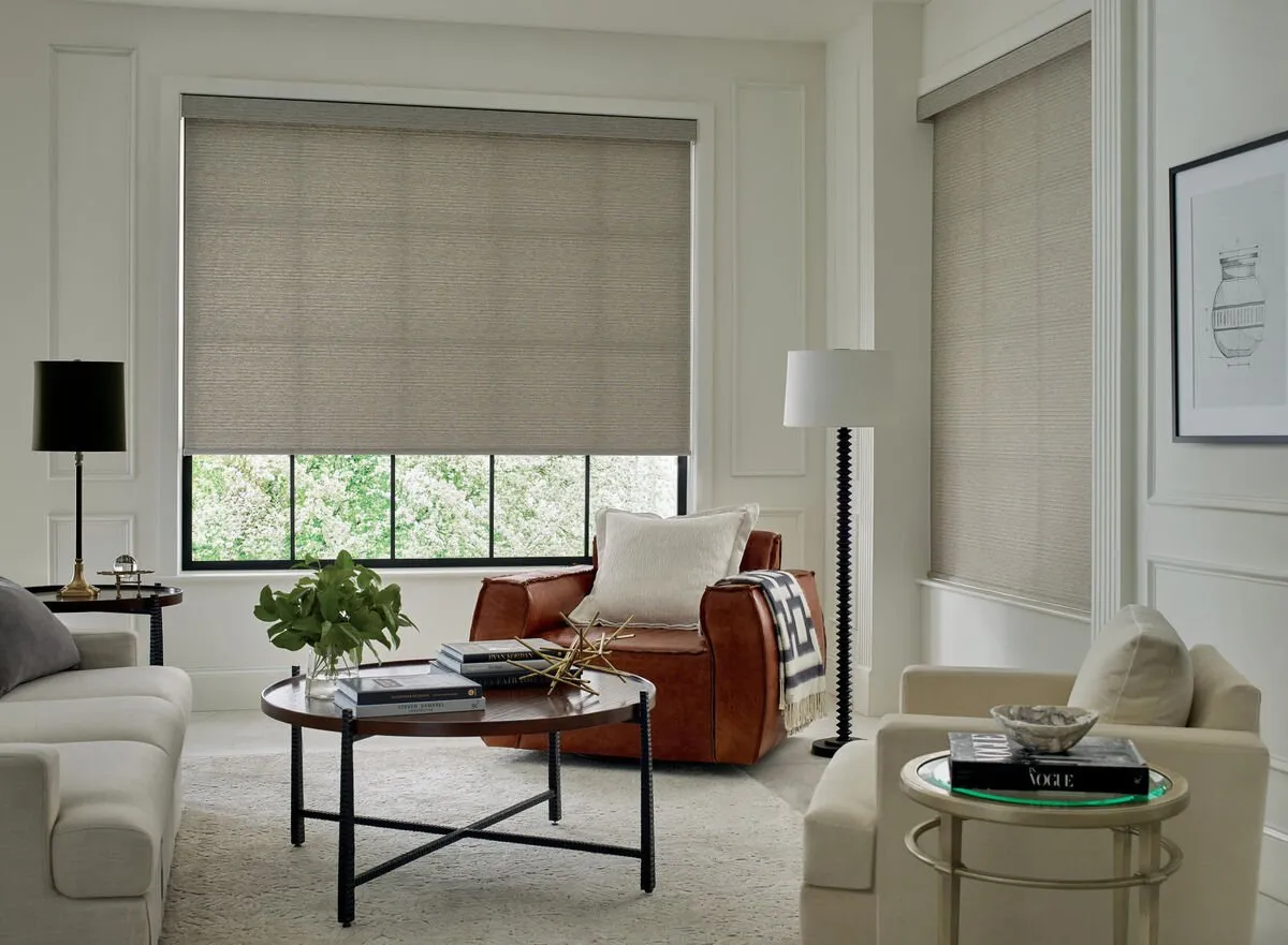 Hunterdouglas Designer Rollershades Yorkshirewhipcreme Whiteblackleather Midcenturymodern Livingroom Fashioninteriors 2020