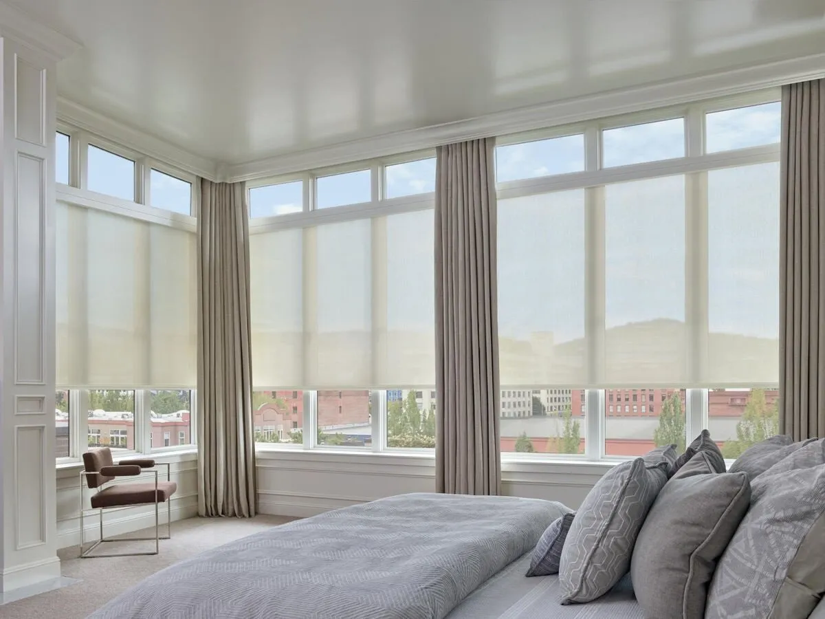Hunterdouglas Designer Solar Screen Rollershades Modern Bedroom Tallwindows Sheerwhite Umbriapebble Fashioni