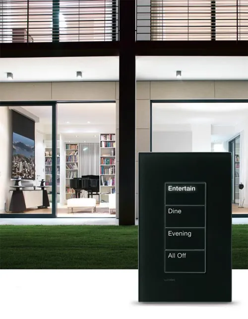 Lutron Homeworks Qs Palladiom Controlkeypad Color Glass Clearblackglass Cbl Modern Home Exterior Nighttime 2