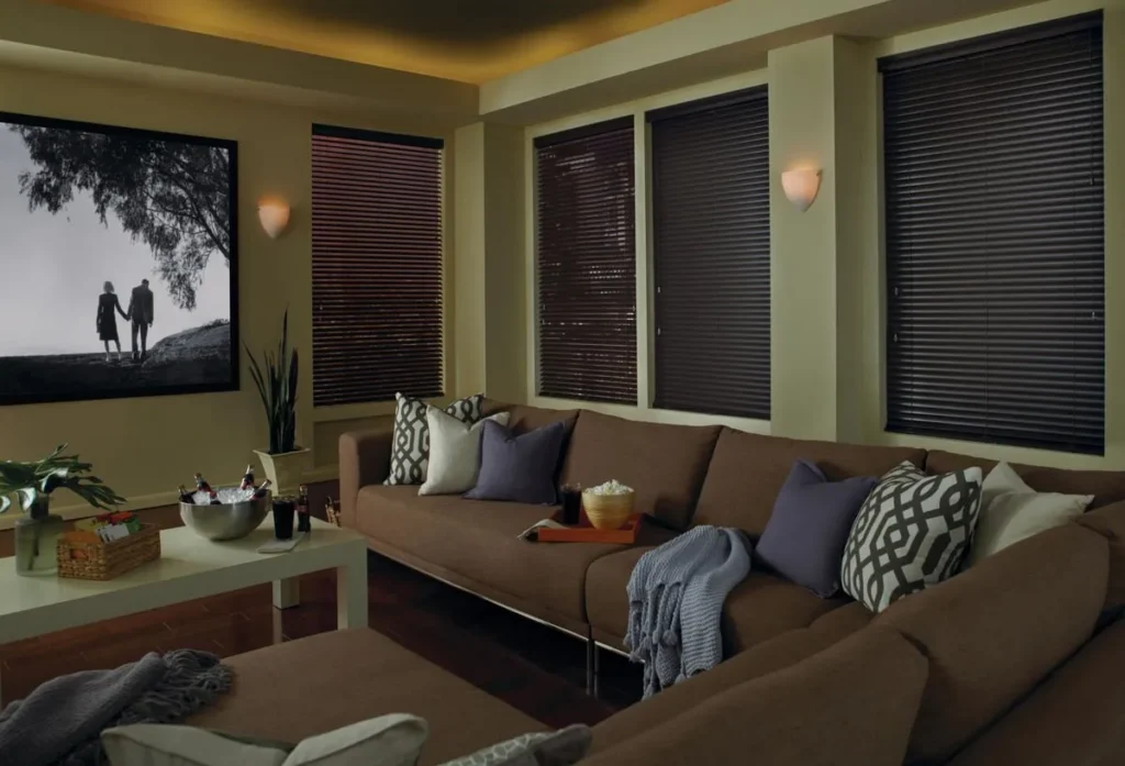 Modern Precious Metals Aluminum Blinds Home Theater Mediaroom Casual Livingroom Hunterdouglas 2014
