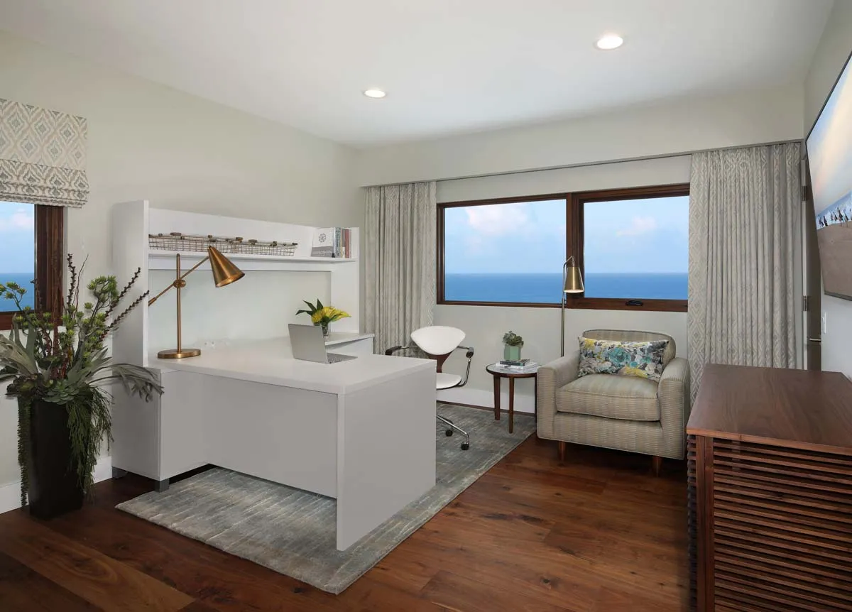 Motorized Drapery Under Suffit Flat Roman Shade Modern Office Beachview Coastal Laguna Niguel Fashioninteriors 2019
