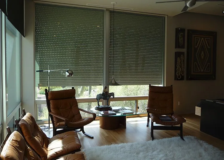 Outdoor Rolling Shutters Daytime Livingroom Interior View Western Rustic Desert Boho Tucson 2019