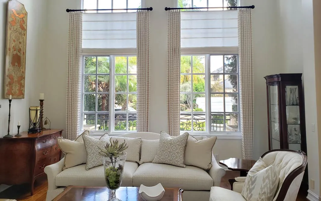Soft Roman Shade Flat Stationary Panels Traditional Beige White Livingroom 2019
