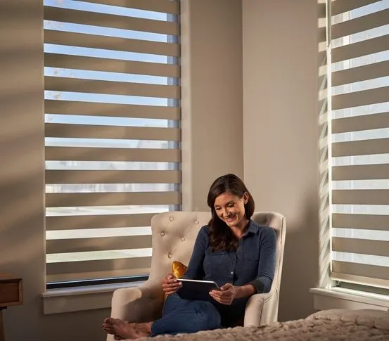 Somfy Motorized Shades Zebra Banded Woman Bedroom Fashioninteriors