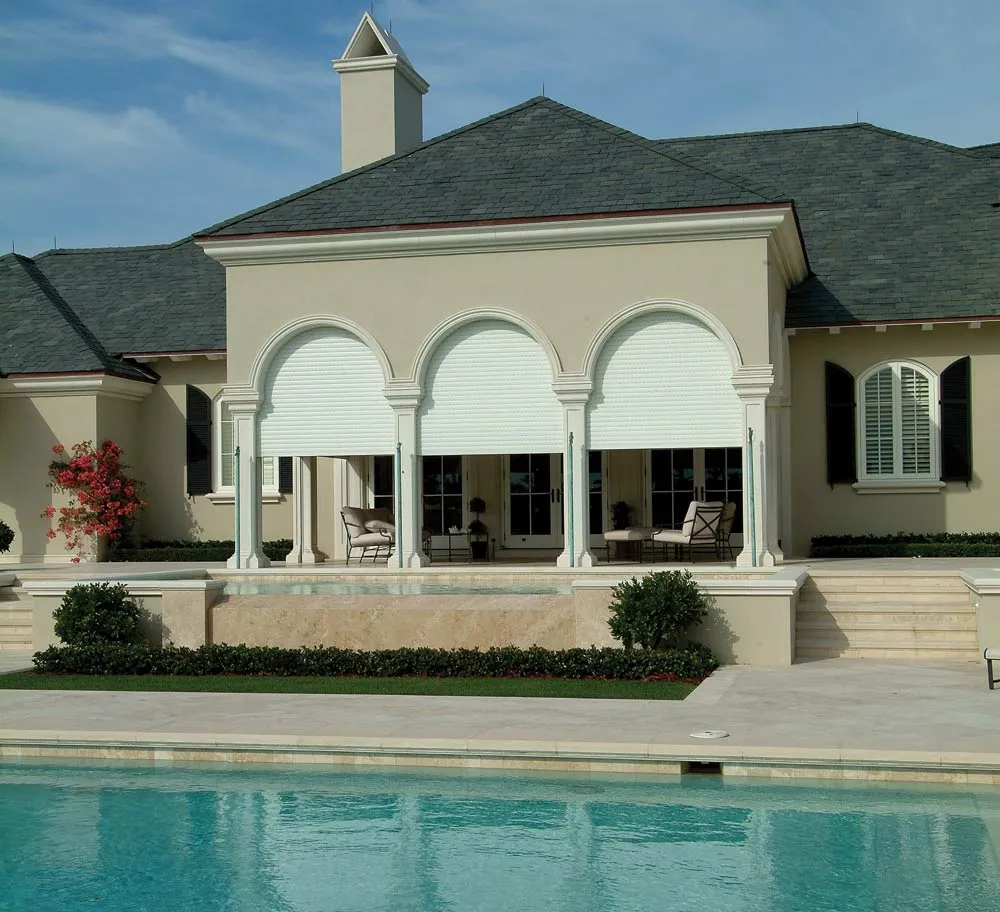Somfy Outdoor Security Rolling Shutters Exterior View Pool Lounge Traditional Home 2019