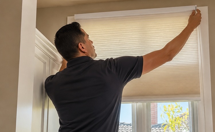 Custom blinds being inspected by our professional installer in the bedroom.